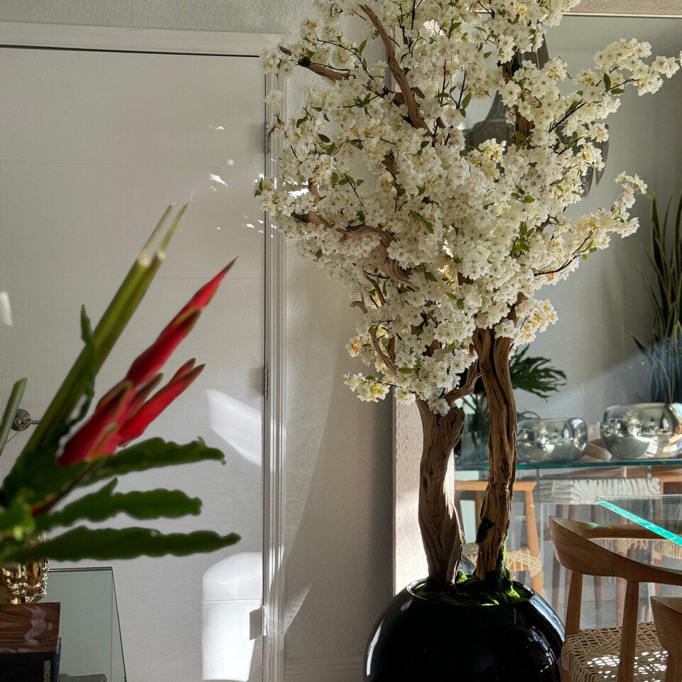 glossy black globe with custom made cherry blossom tree