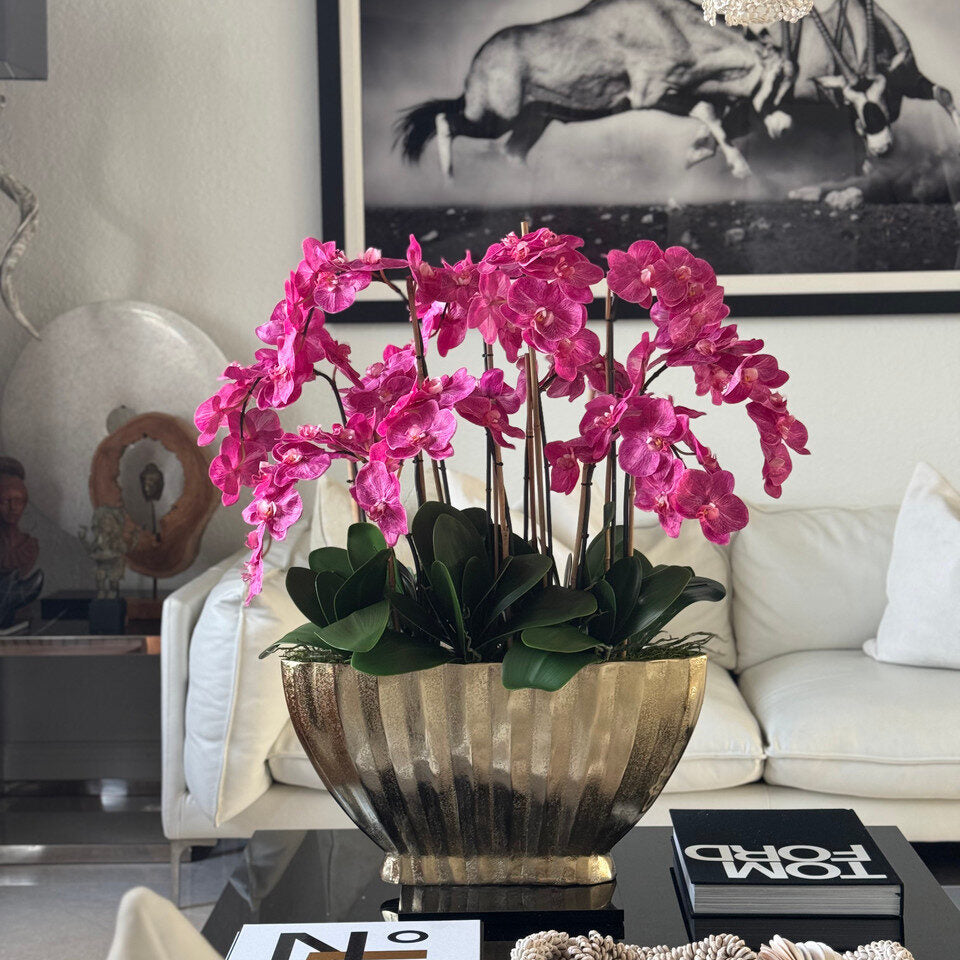 blaze bowl with pink phaleanopsis orchids