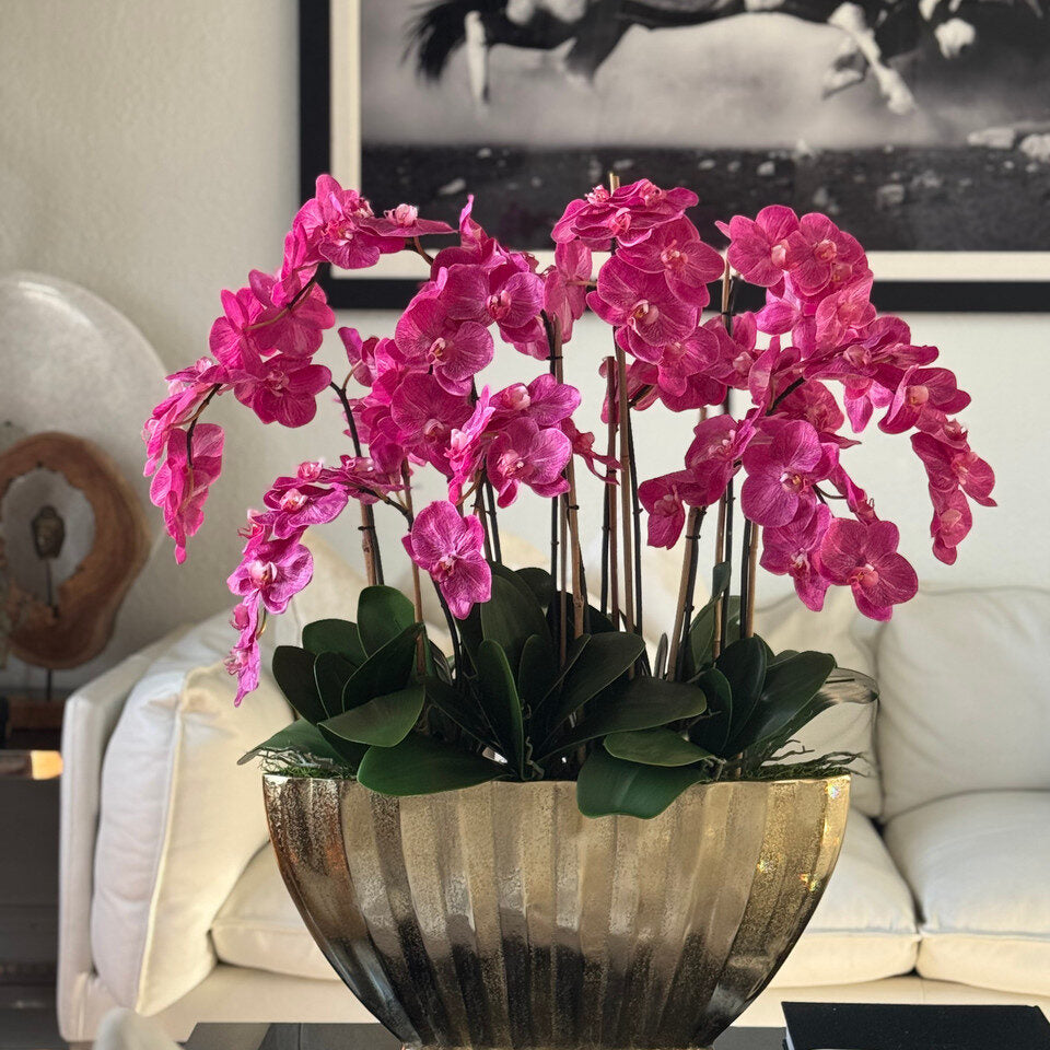 blaze bowl with pink phaleanopsis orchids