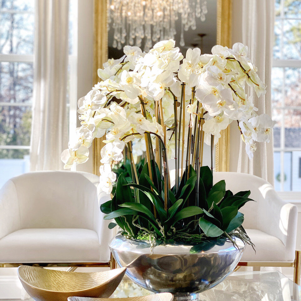 avenue bowl with white phalaenopsis orchids